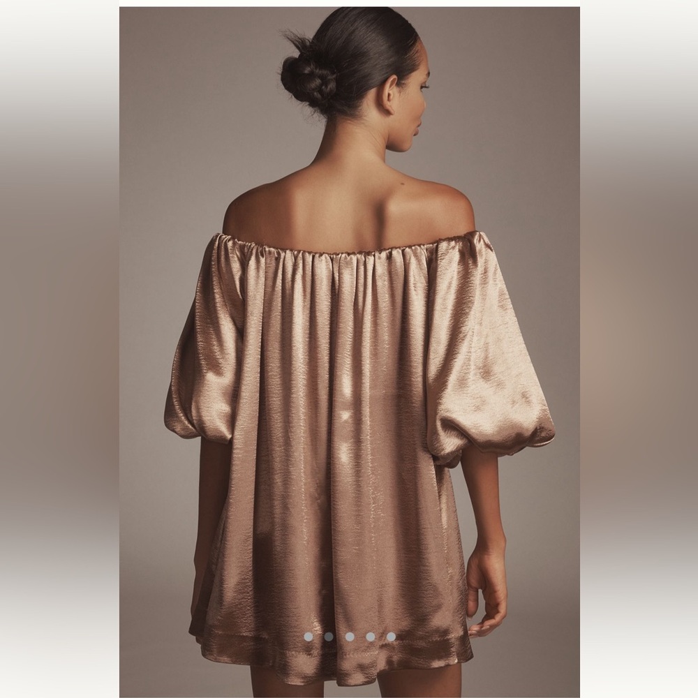 NWT @heynasreen x Mare Mare Off-The-Shoulder Puff sleeve shine mini dress - Picture 2 of 7